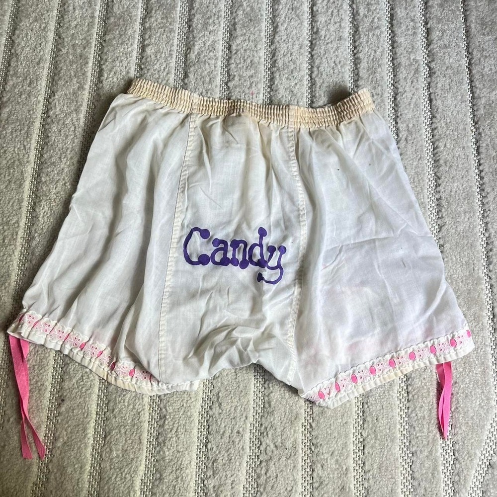 RARE VTG 70s Lee white pink ribbon cat shorts size 30-32 undergarment loungewear